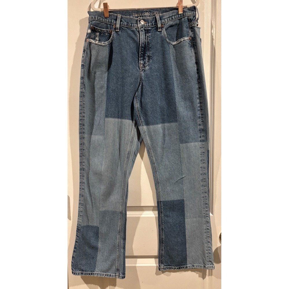 American Eagle 90s Bootcut Patchwork Jeans Blue Denim Women 12 Regular Y2K
